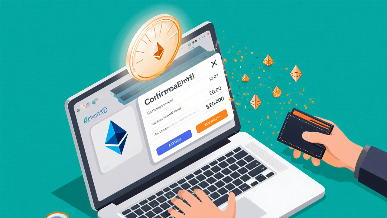 Benutzer verbindet Krypto‑Wallet mit Marktplatz, zeigt Transaktion und Gasgebühren.