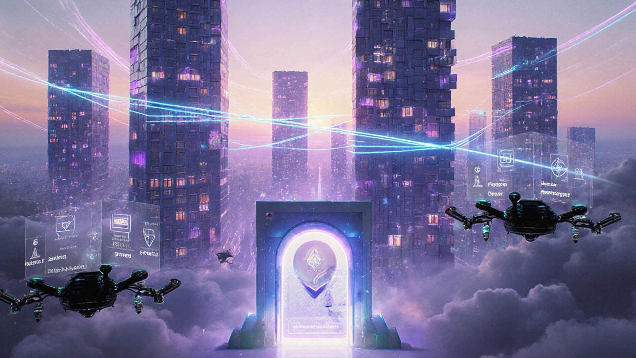 Zukunftsvision: Layer‑2‑Brücken, KI‑Analyse und Cross‑Chain‑Brücken über Ethereum‑Stadt.