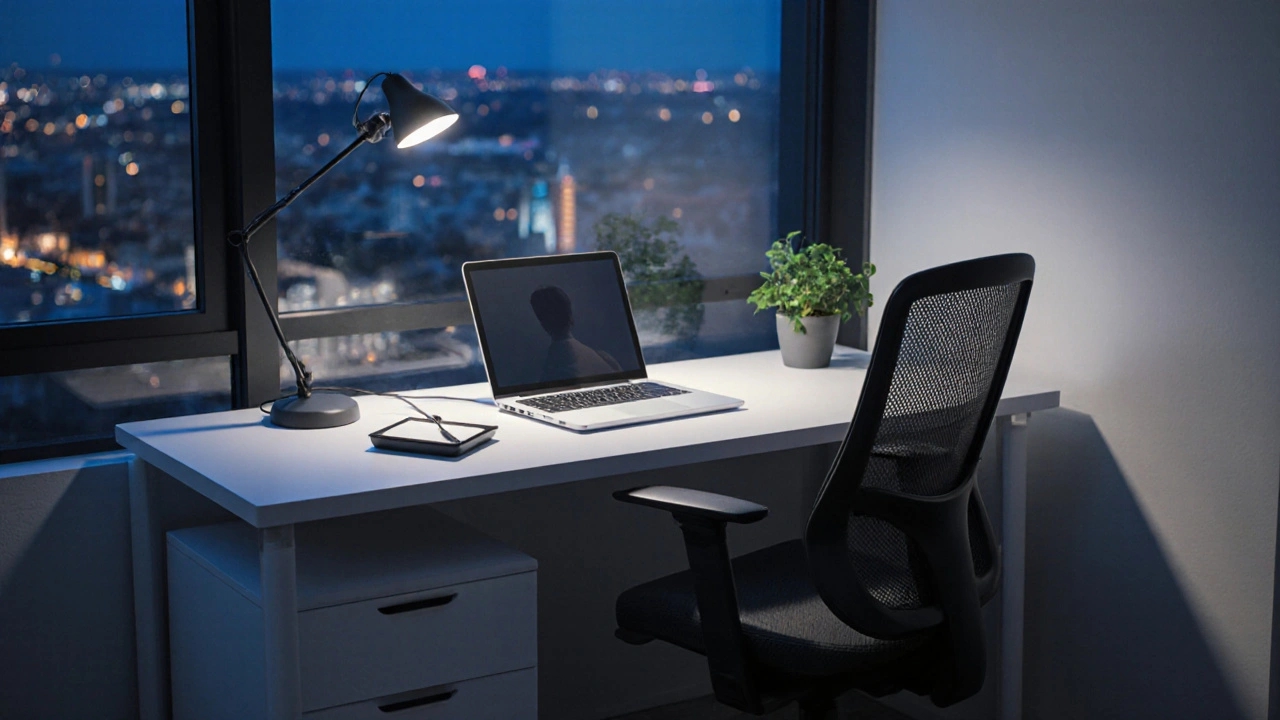 Abendliches Home‑Office mit weißem Schreibtisch, Laptop und Lampenlicht.