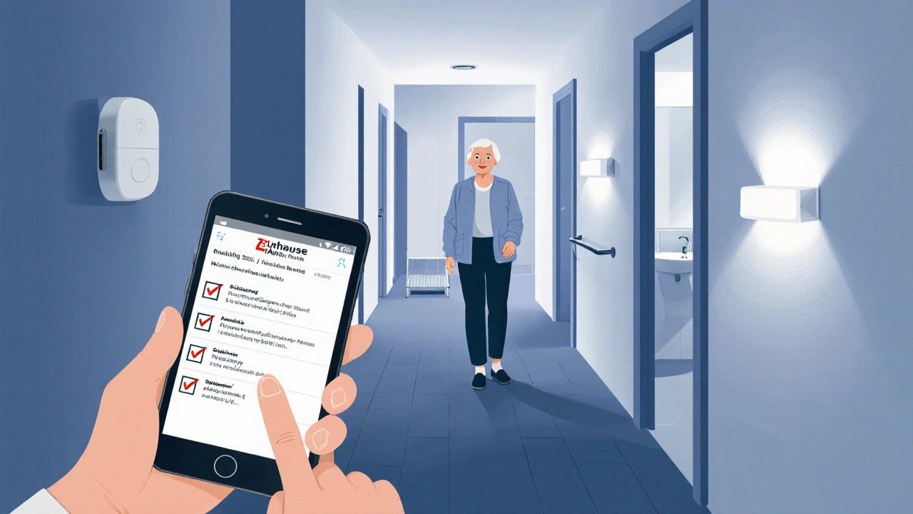 Ältere Person nutzt ein Tablet zur digitalen Checkliste, während Smart-Home-Lichter automatisch angehen.
