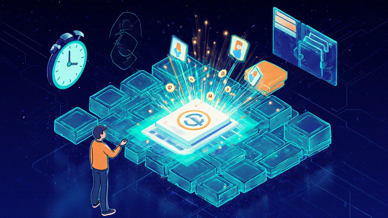 Avatar sendet Proposal in ein leuchtendes Blockchain‑Ledger, Stimmen fließen zusammen, Smart‑Contract wird ausgeführt.