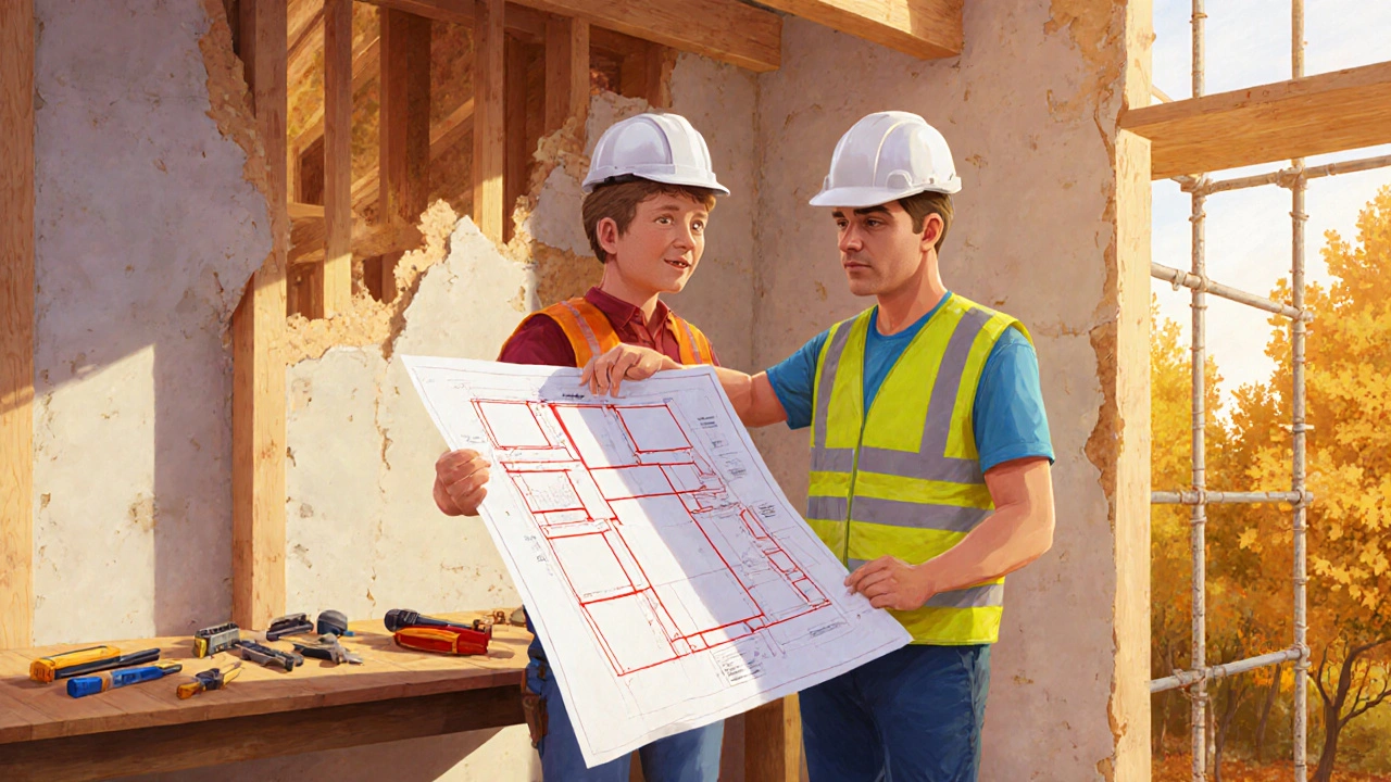 Bauexperte und Hausbesitzer besprechen gemeinsam tragende Wände anhand eines Bauplans.