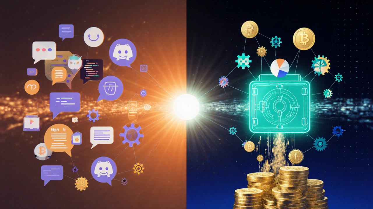 Collage zeigt DAO‑Lifecycle: Off‑Chain‑Diskussion, Proposal, Token‑Voting und automatisierte On‑Chain‑Ausführung.