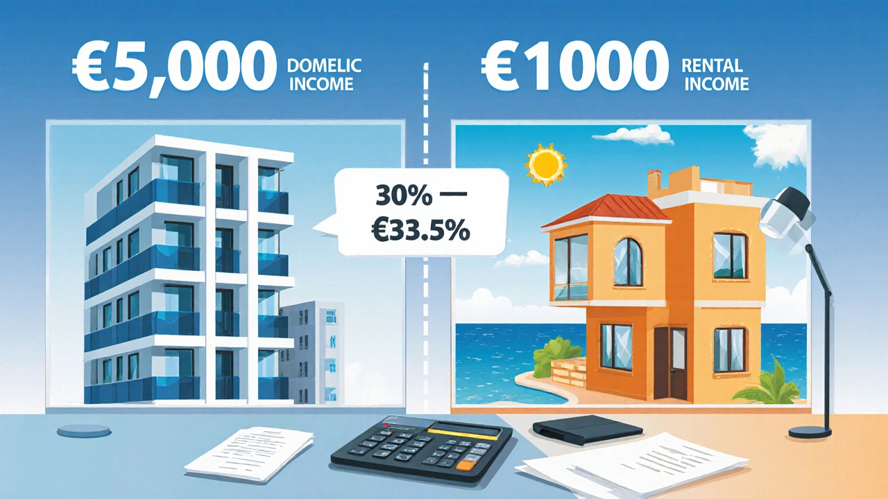 Deutsch‑ und türkische Immobilien im Vergleich, Prozent‑Symbole zeigen steigenden Steuersatz durch Progressionsvorbehalt.