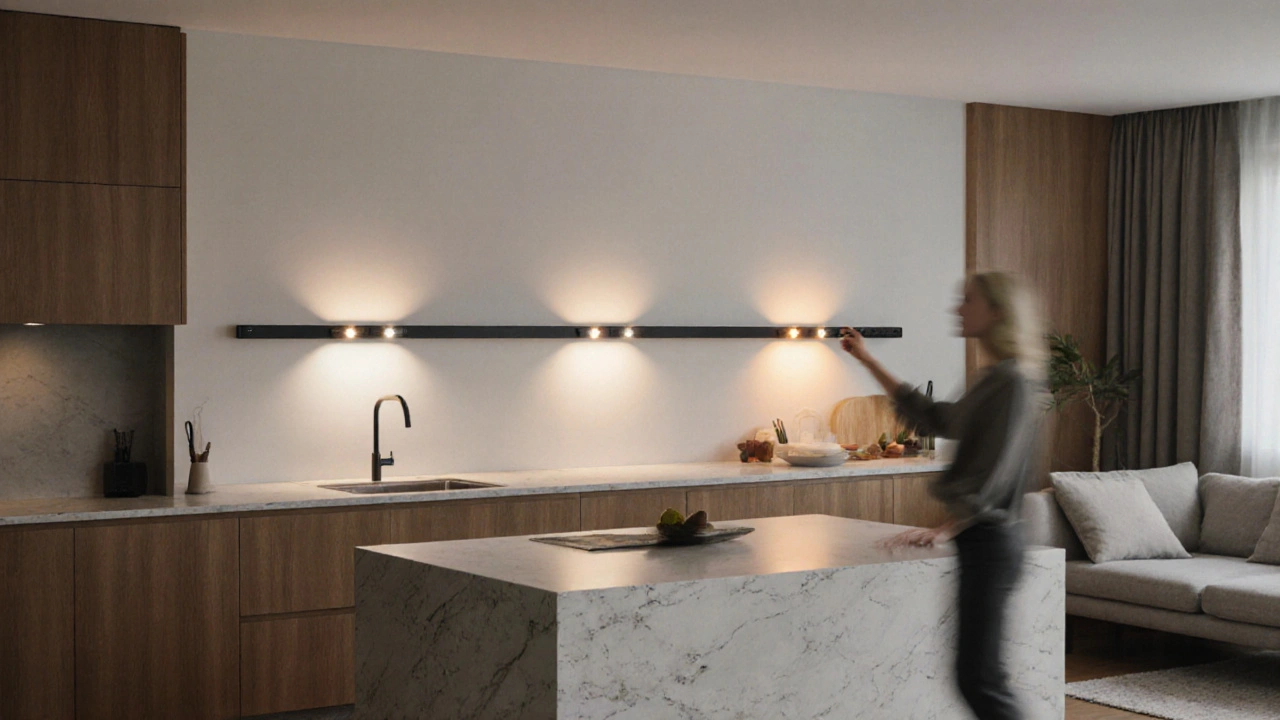 Dreiphasige Lichtschiene in offener Wohnküche, die Küche, Essbereich und Wohnzone separat beleuchtet.