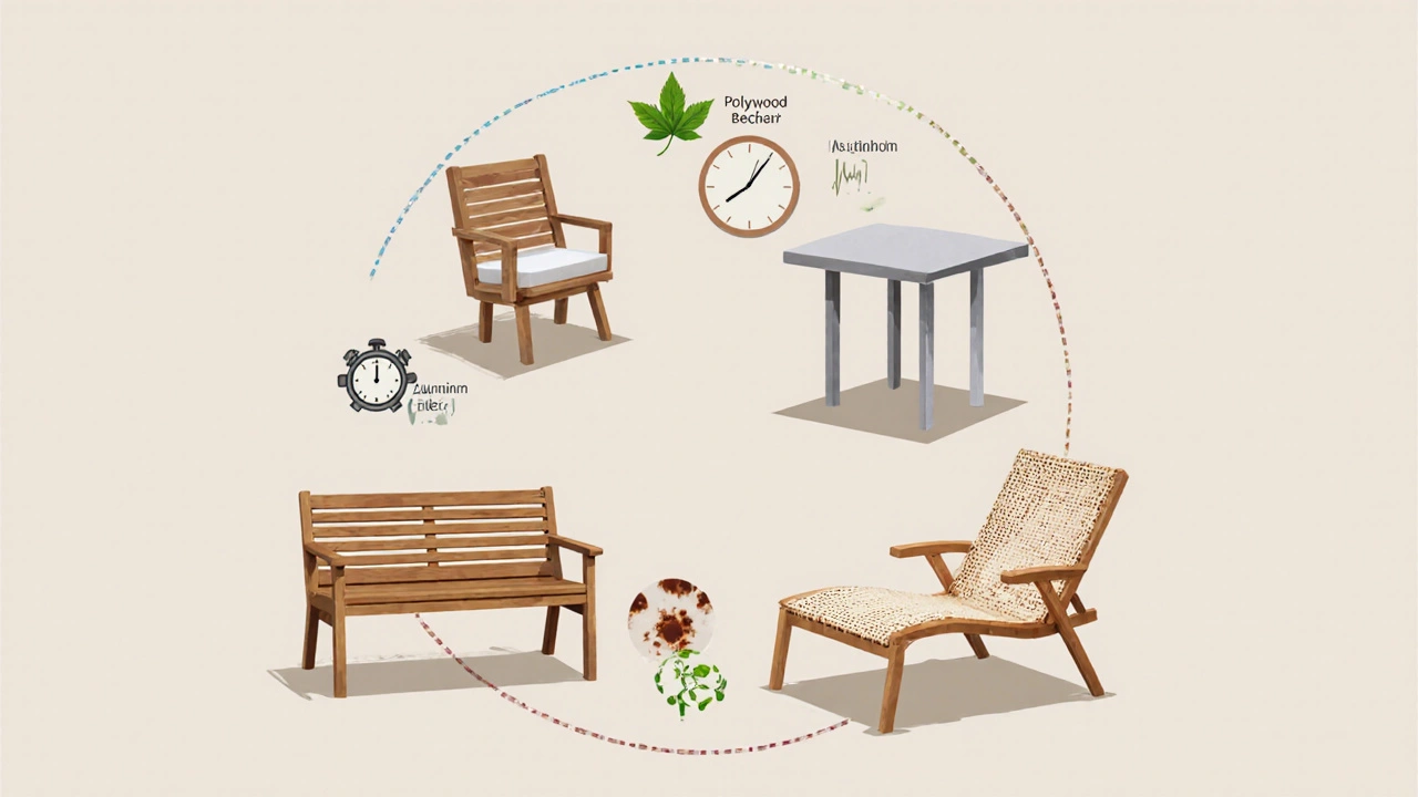 Flache Darstellung von vier Outdoor‑Möbeltypen mit Symbolen für Lebensdauer und Umwelt.