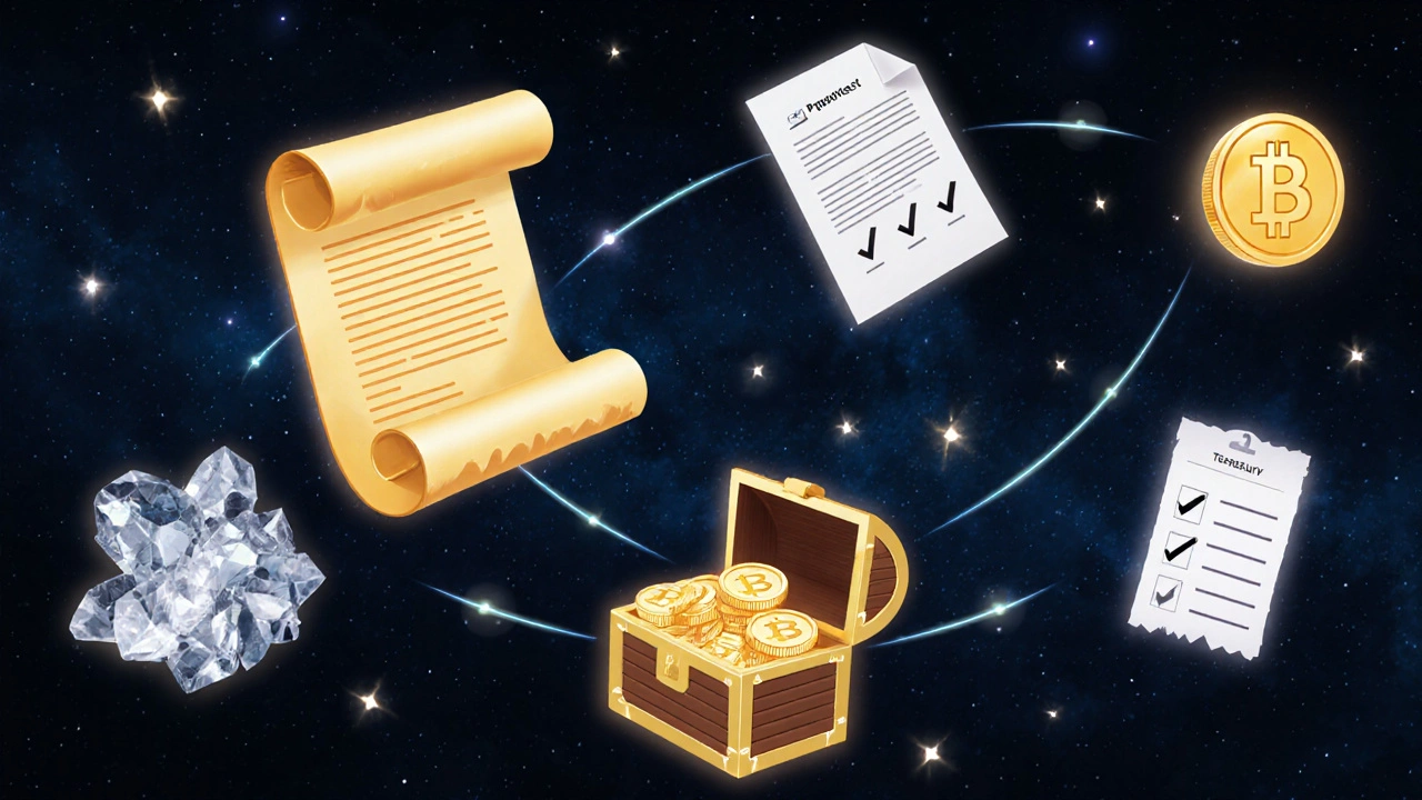 Fliegende Symbole: Smart Contract‑Code, Token‑Kristalle, Proposal, Abstimmungs‑Stimmzettel, Krypto‑Tresor.