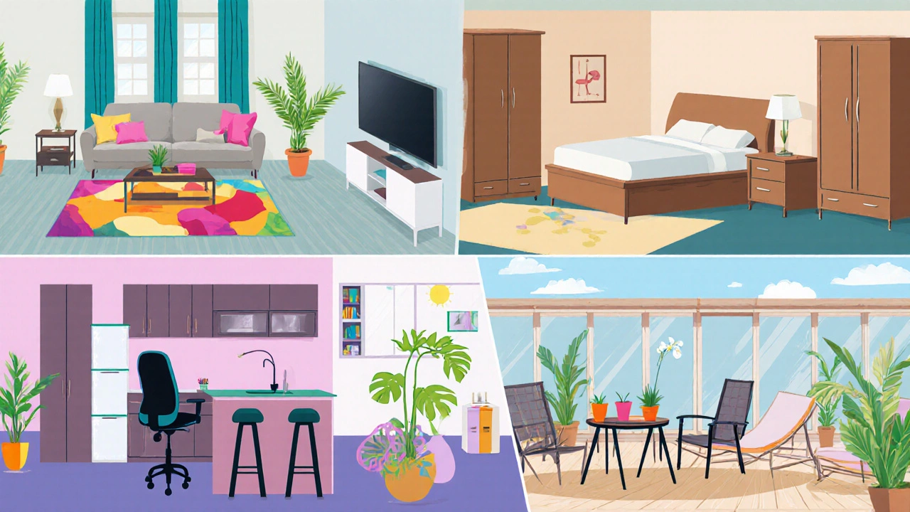 Fünf Räume zeigen typische Möbel: Wohnzimmer, Schlafzimmer, Küche, Büro und Außenbereich.