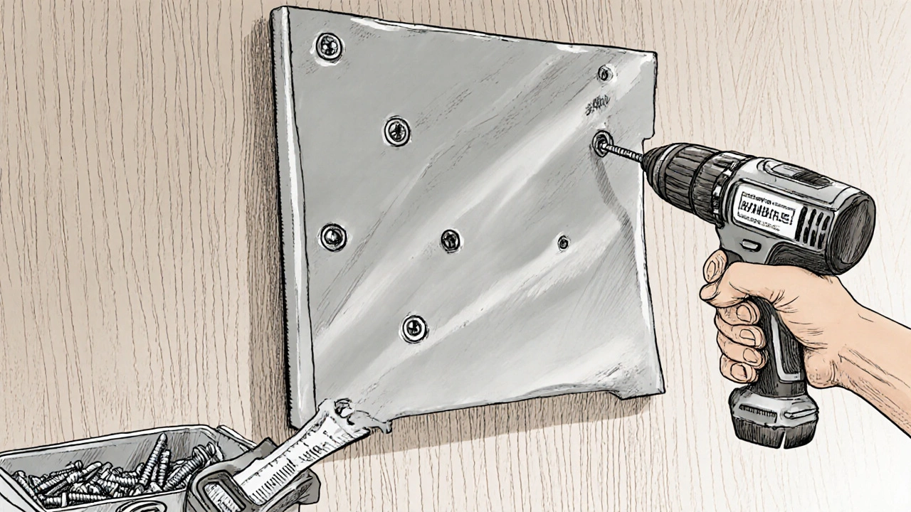 Handwerker befestigt eine Aufhänge‑Platte an einer Wand, bohrt und schraubt für eine rahmenlose Tür.