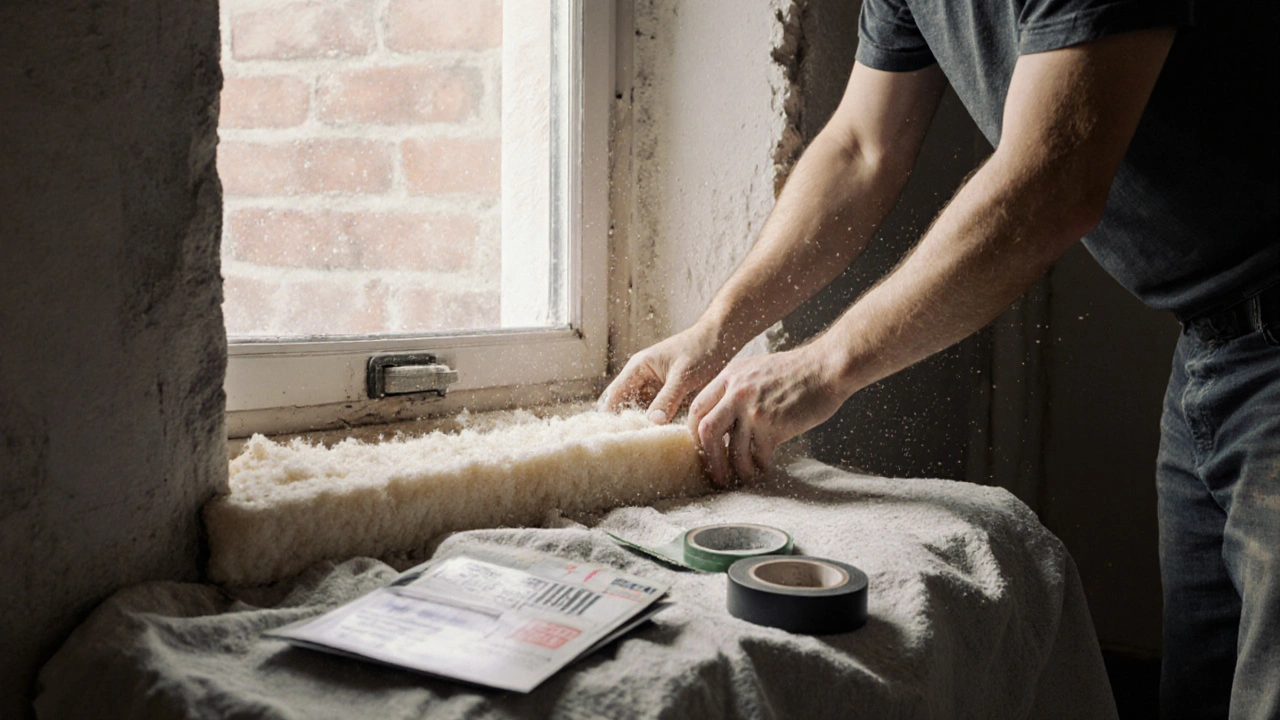 Handwerker installiert diffusionsoffene Dämmung mit luftdichter Barriere in einem Reihenhaus.