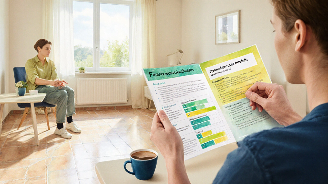 Helles Wohnzimmer, Person prüft Finanzierungsbroschüre mit Berater, sonnige Atmosphäre.