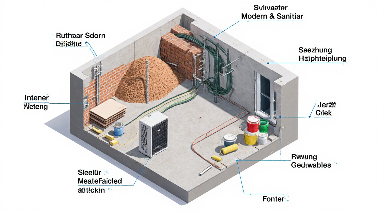 Isometrische Darstellung einer 100 m² Baustelle mit Bereichen für Rohbau, Innenausbau, Elektro, Heizung, Fenster und Malerarbeiten.