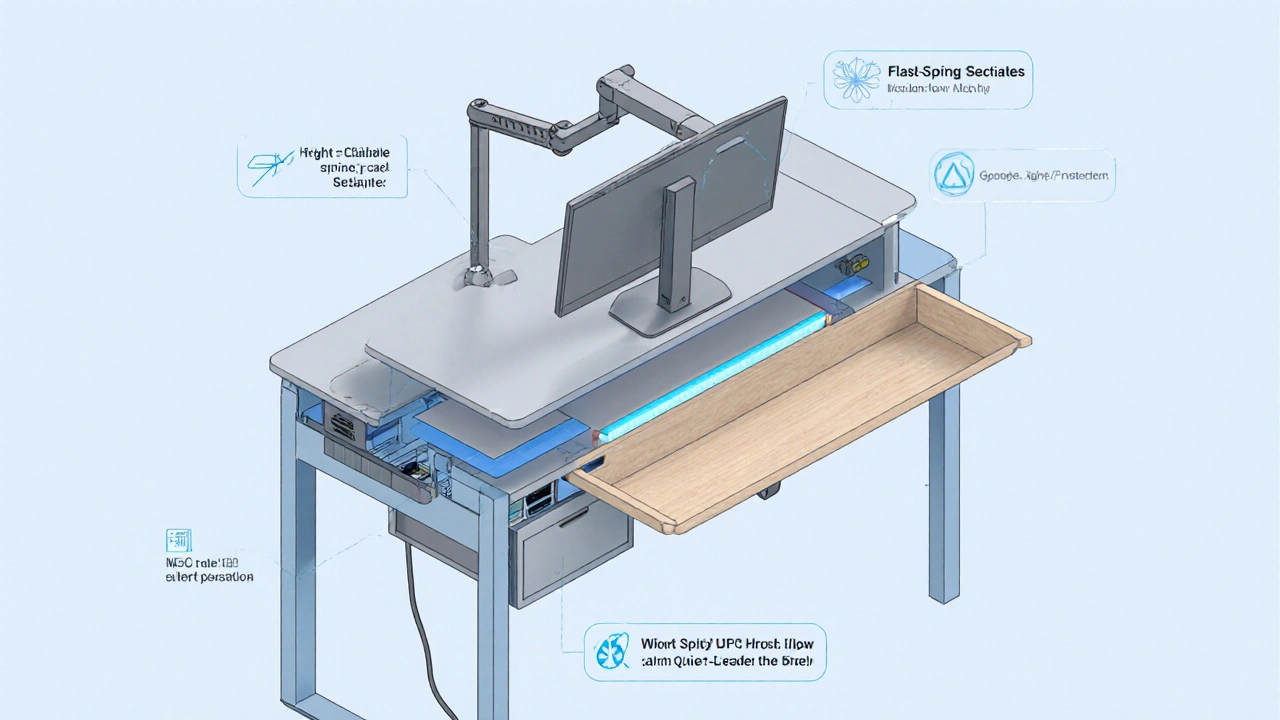 Isometrische Darstellung eines Schreibtischs mit Kabelkanal, USB‑C‑Ports, LED‑Beleuchtung und Monitorarm.