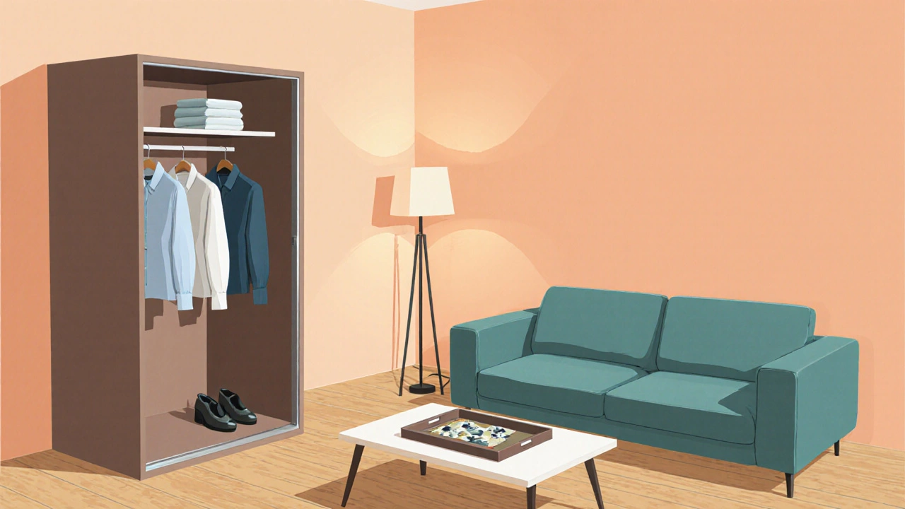 Kompakte Wohnung mit Schrank, offener Tür und modularem Sofa.