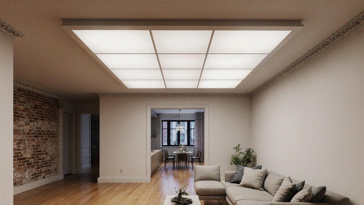 Modernes Wohnzimmer mit abgehängter Decke und integrierter Beleuchtung.