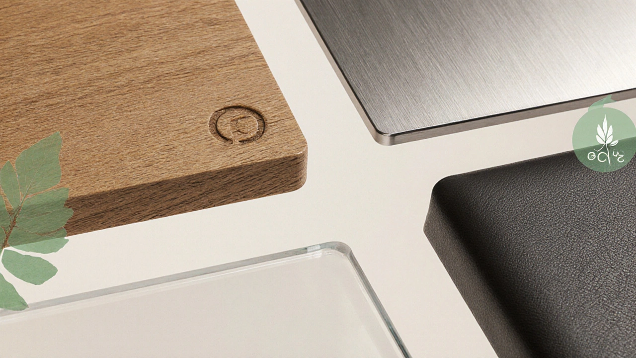 Nahaufnahme verschiedener Möbelmaterialien – Holz, Metall, Kunststoff, Glas, Leder – mit nachhaltigem Flair.