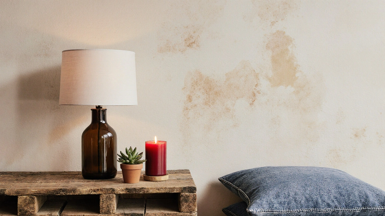 Neo-Boho-Ecke mit recyceltem Holztisch, Glasflaschenlampe und Denim-Kissen in sanftem Licht.