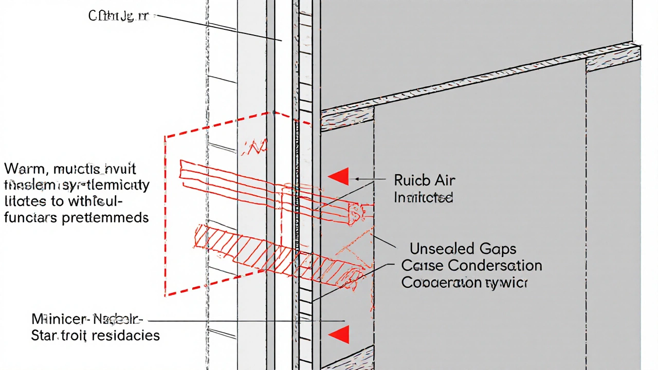 Querschnitt einer Reihenhauswand mit Luftdichtheitsprofil an der Nachbarwand, Feuchtigkeit und Schimmel vermieden.