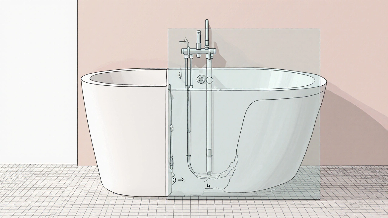 Schnittdarstellung zeigt Badewanne, Rohre und 70 cm Wandabstand.