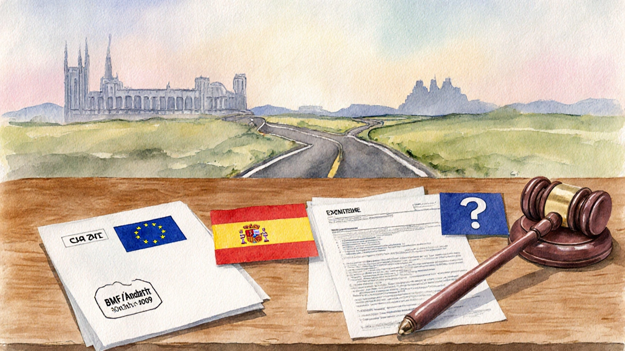 Schreibtisch mit BMF‑Anweisung, EU‑ und Spanien‑Flaggen, Hammer und Weg zur Reform im Hintergrund.