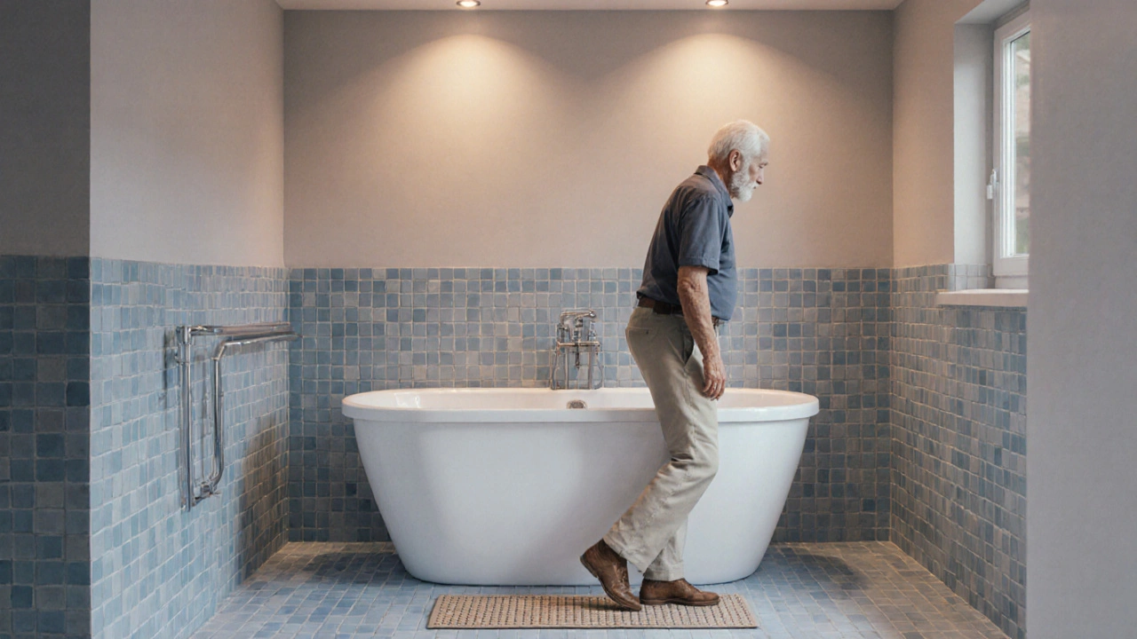 Senior steigt bequem in Badewanne, 80 cm Abstand, Handlauf und rutschfeste Fliesen.