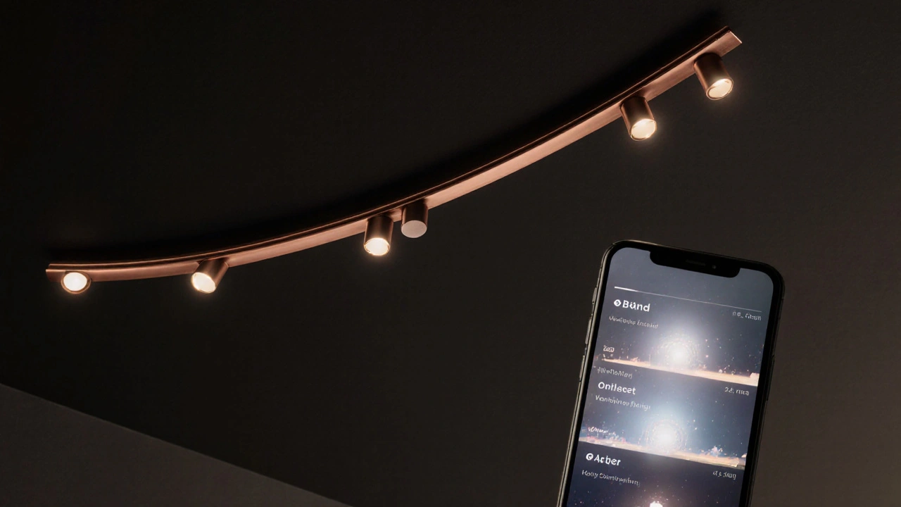 Smartes Stromschienensystem mit magnetischen Spots und digitalen Lichtszenen, die in der Luft sichtbar sind.