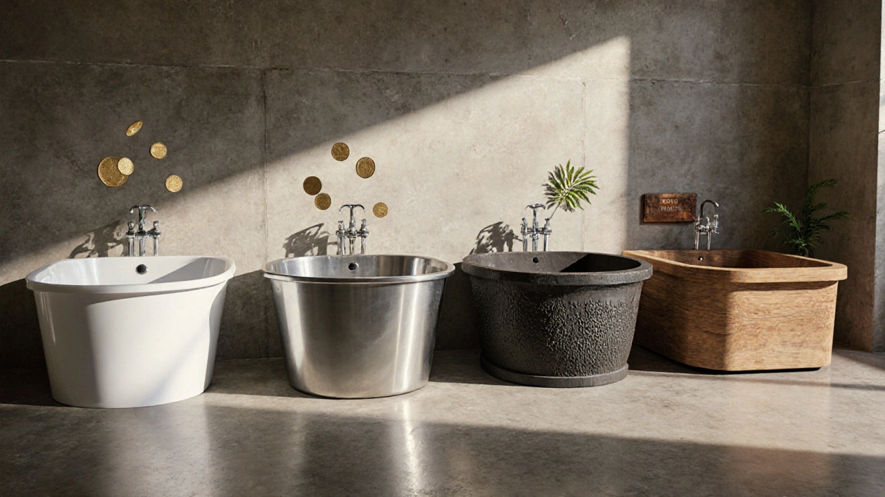 Vier Badewannen aus Acryl, Stahl‑Email, Gusseisen und Holz nebeneinander im Showroom.