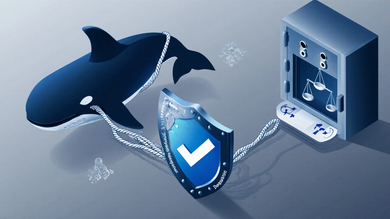 Wale, Schild mit Audit‑Badge, Mehrfach‑Schlüssel‑Safe und Waage zeigen DAO‑Risiken.