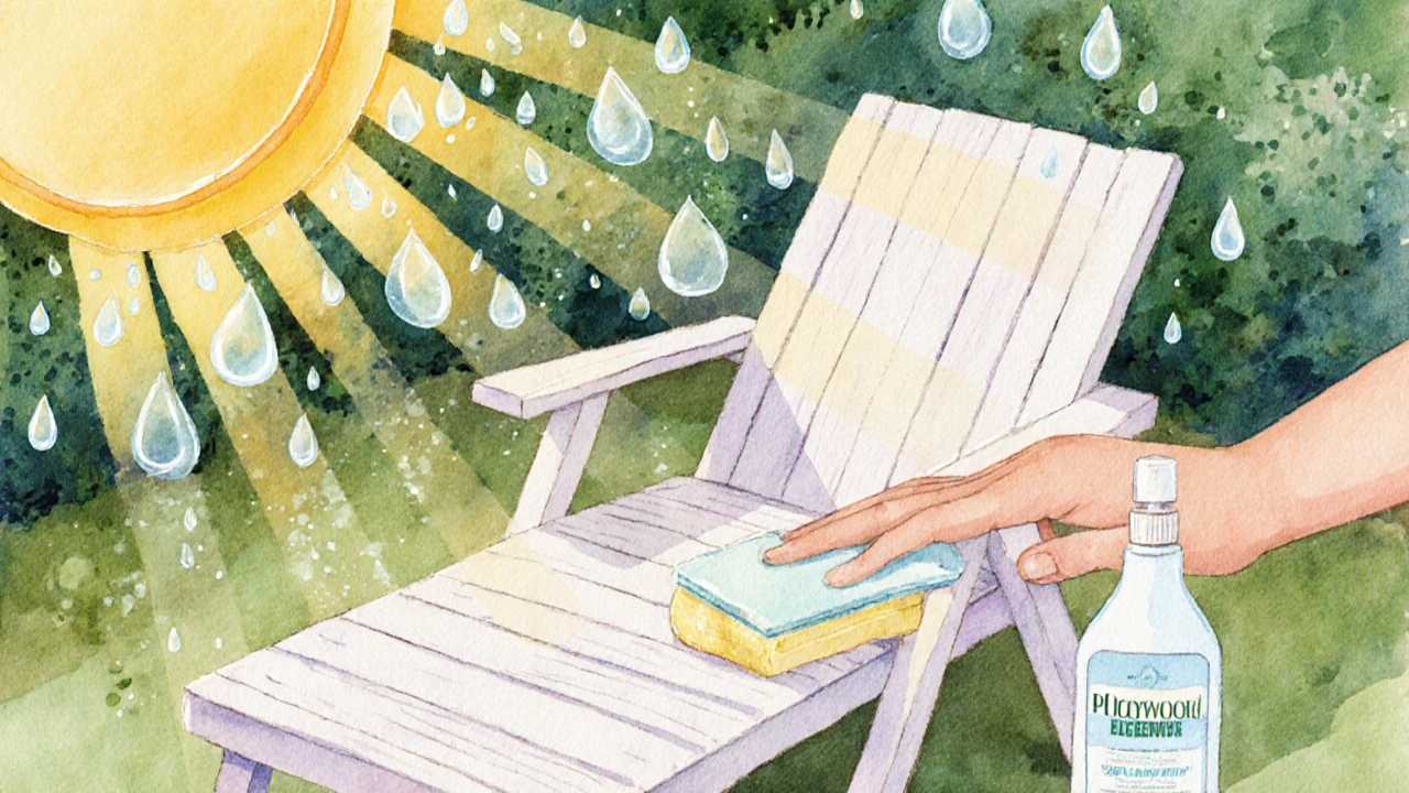 Wassermalere Illustration von UV‑Strahlen, Feuchtigkeit und Pflege einer Polywood‑Lounge.