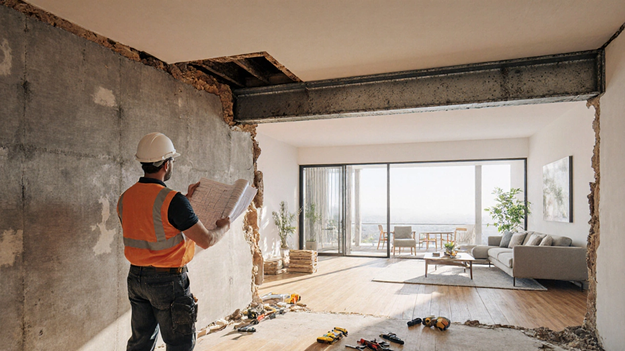 Abgebrochene tragende Wand mit Stahlträger, Statiker mit Plänen an der Baustelle.