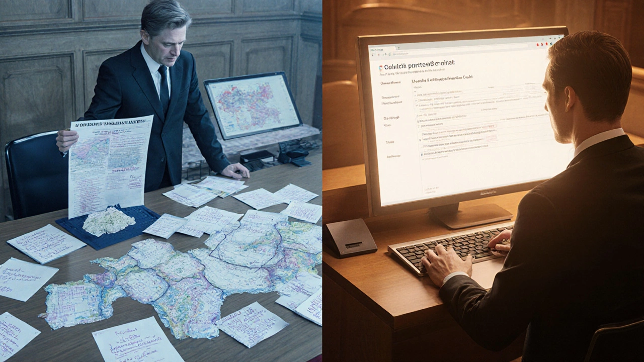 Aufgeteilte Szene: Schweizer Notar mit kantonalen Karten vs. österreichischer Notar vor digitalem Grundbuch-Display.