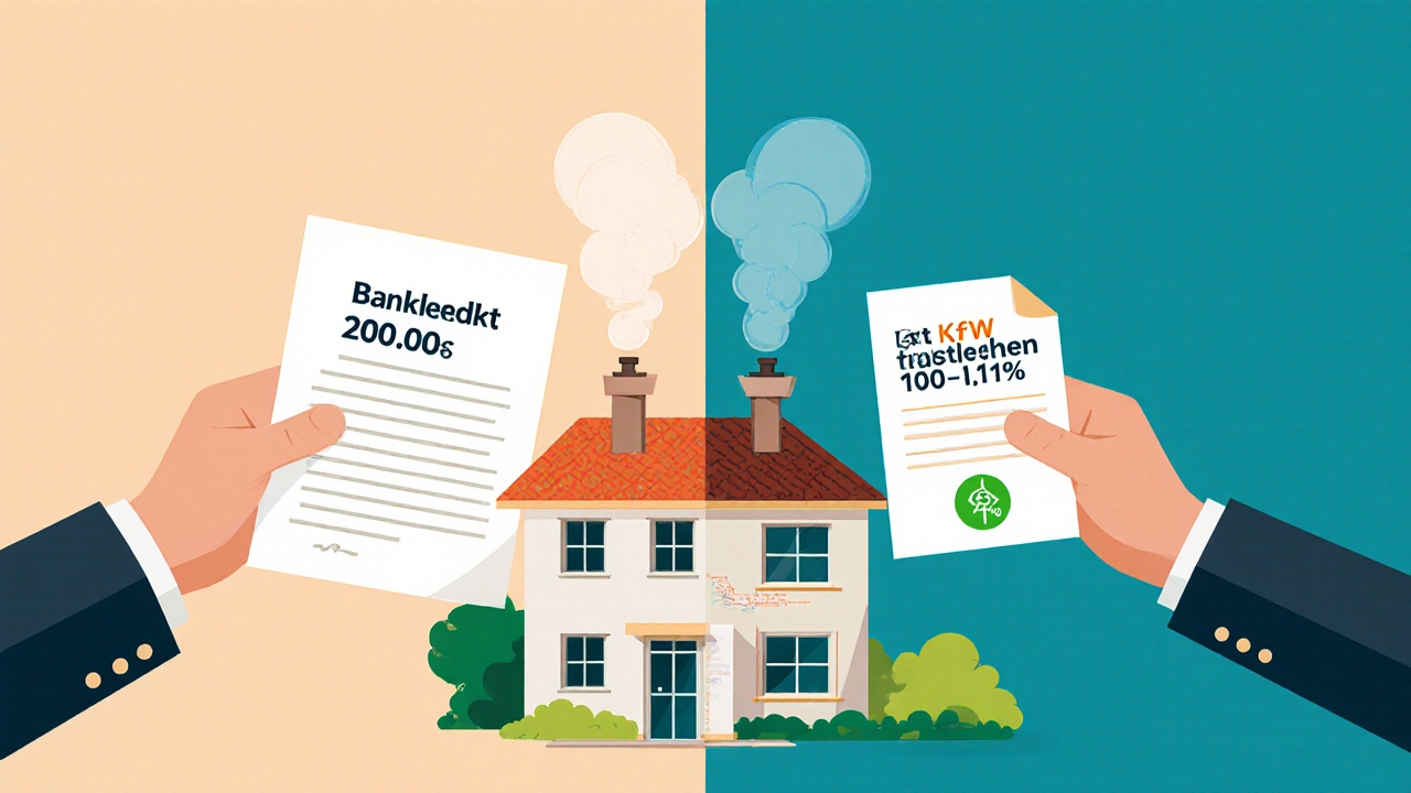 Aufteilung: Bankkredit links mit hohem Zins, KfW-Darlehen rechts mit niedrigem Zins, dazwischen Bauvorhaben mit Sanierungsmaßnahmen.