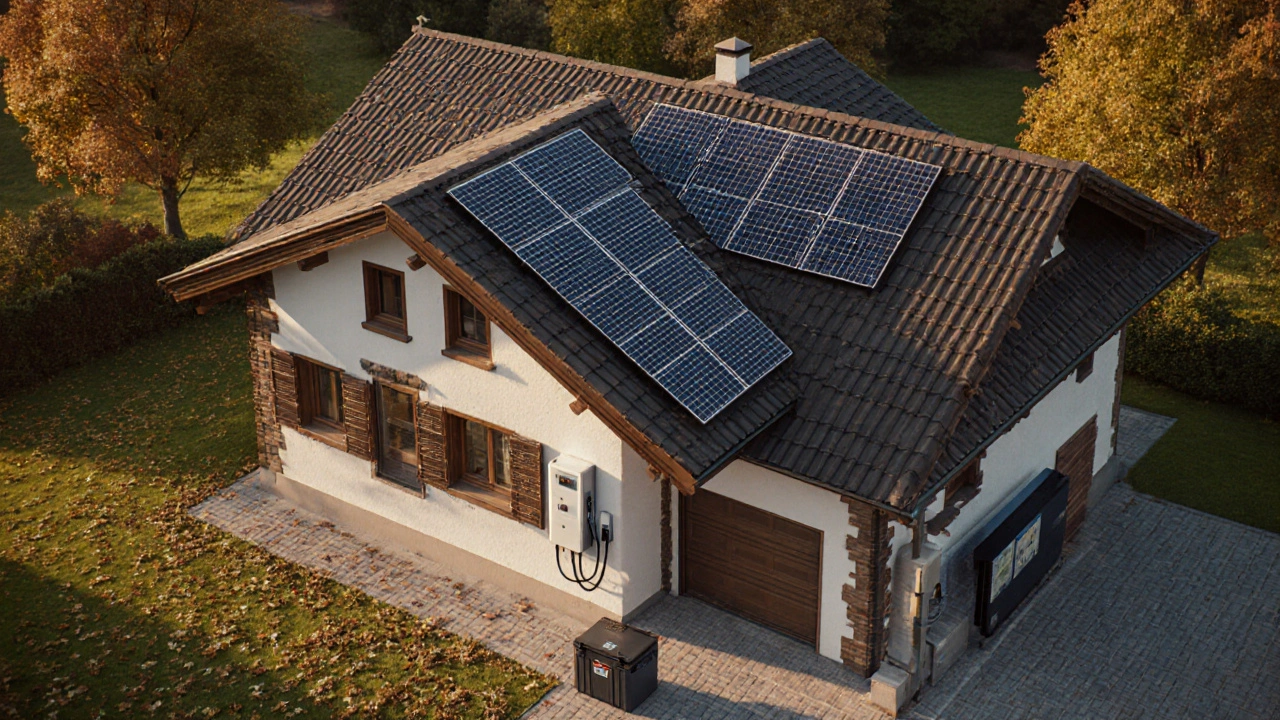Bayerisches Einfamilienhaus mit 8 kWp PV-Anlage und 10 kWh Speicher unter goldenem Abendlicht.