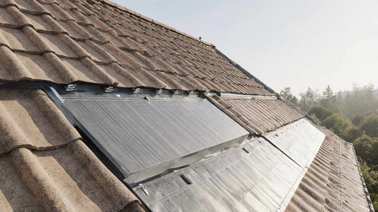 Dachdämmung von außen mit Lüftungslücke und neuen Dachziegeln auf einem deutschen Haus.
