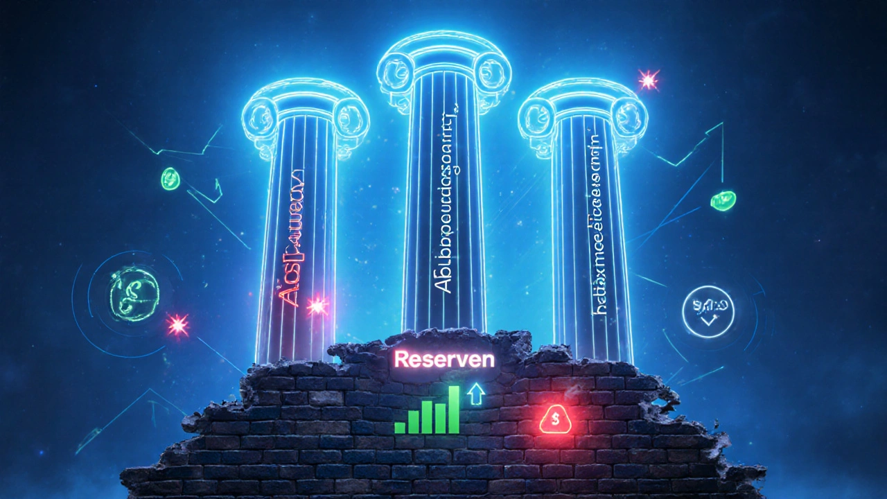 Digitale Darstellung der drei Säulen der Liquiditätsplanung mit warnenden Lichtern und Reserve-Abfall