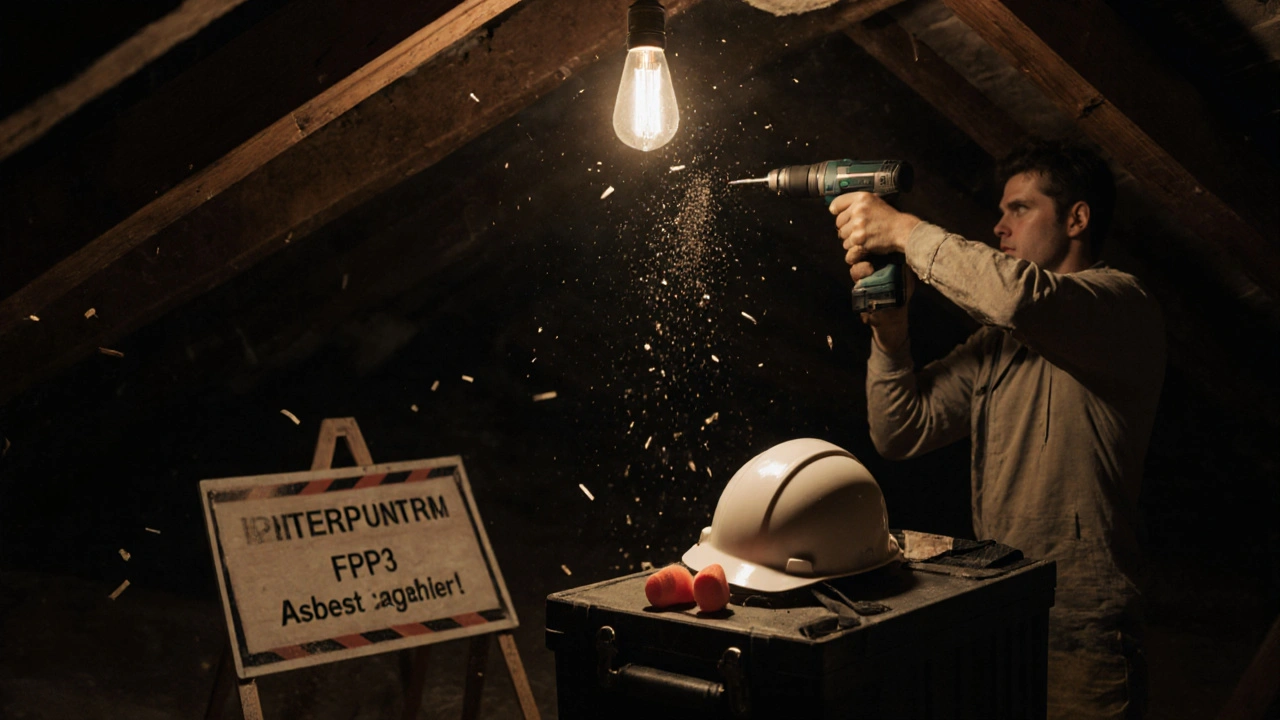 DIY-Arbeiter in einem Dachgeschoss, Staub und Werkzeuge um ihn herum, eine Sicherheitsausrüstung liegt bereit.