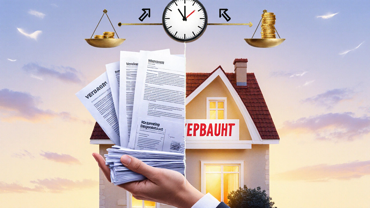 Dokumente schweben über zwei Häusern, repräsentieren doppelte Kosten und Steuerrückerstattung.