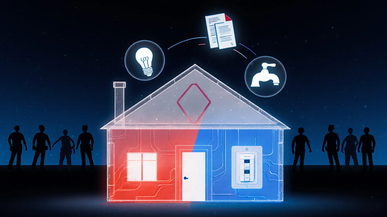 Durchsichtiges Haus mit roten Gefahrenzonen bei DIY-Elektrik und Sanitär, blaue sichere Zonen dagegen.