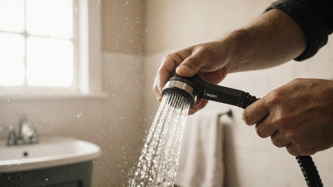 Ein Flow-Restrictor wird einfach an einen Duschschlauch angeschraubt, ohne Werkzeugaufwand.