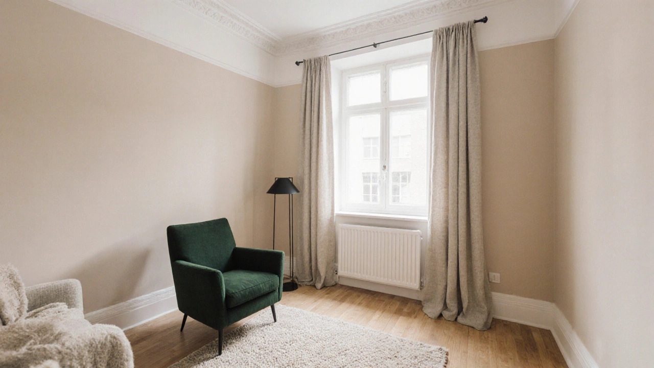 Ein kleines Wohnzimmer mit hellen Wänden, dunklem Akzentstuhl und texturierten Stoffen, das durch Licht und Balance wirkt.