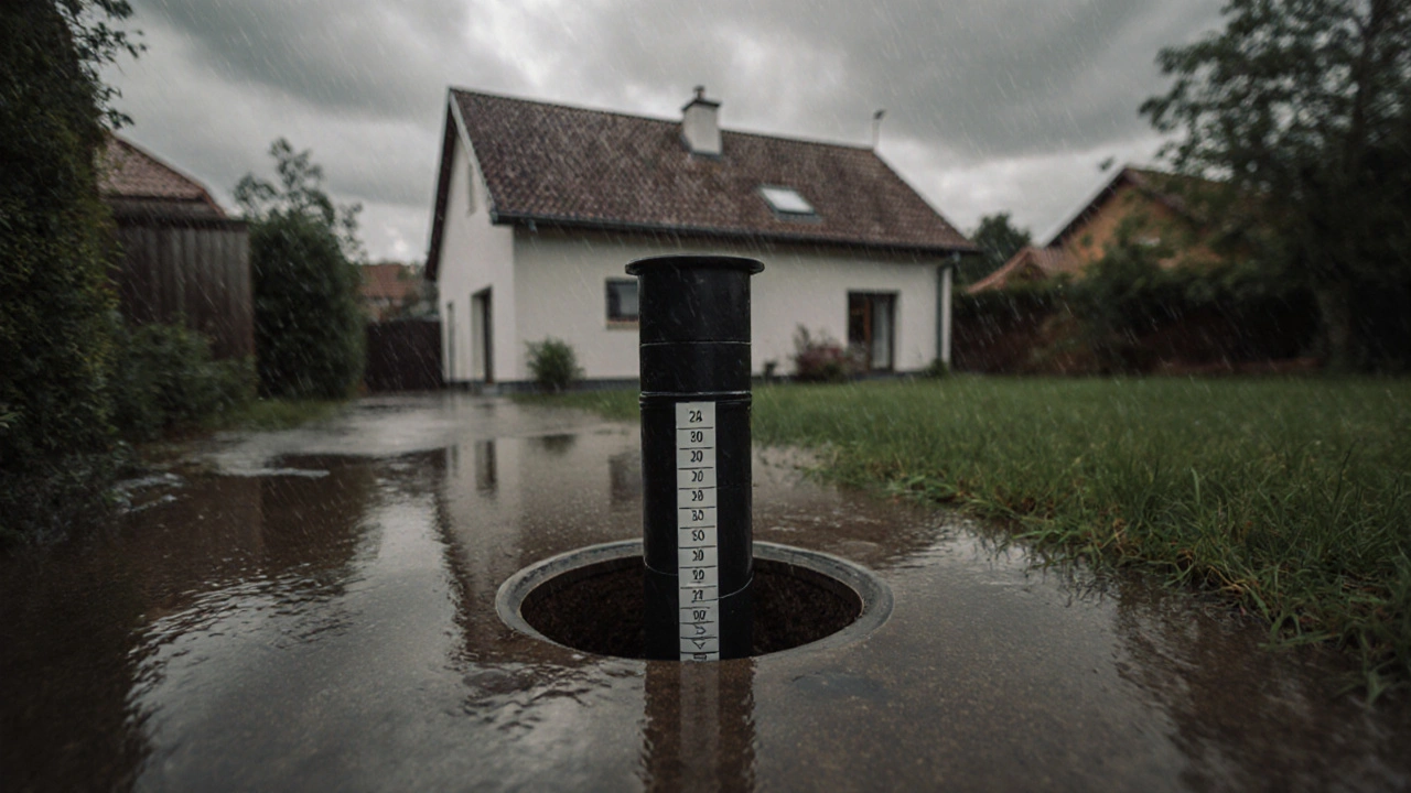 Exterieur eines Hauses mit verstecktem Rückstau-Schacht im Garten während Starkregen.