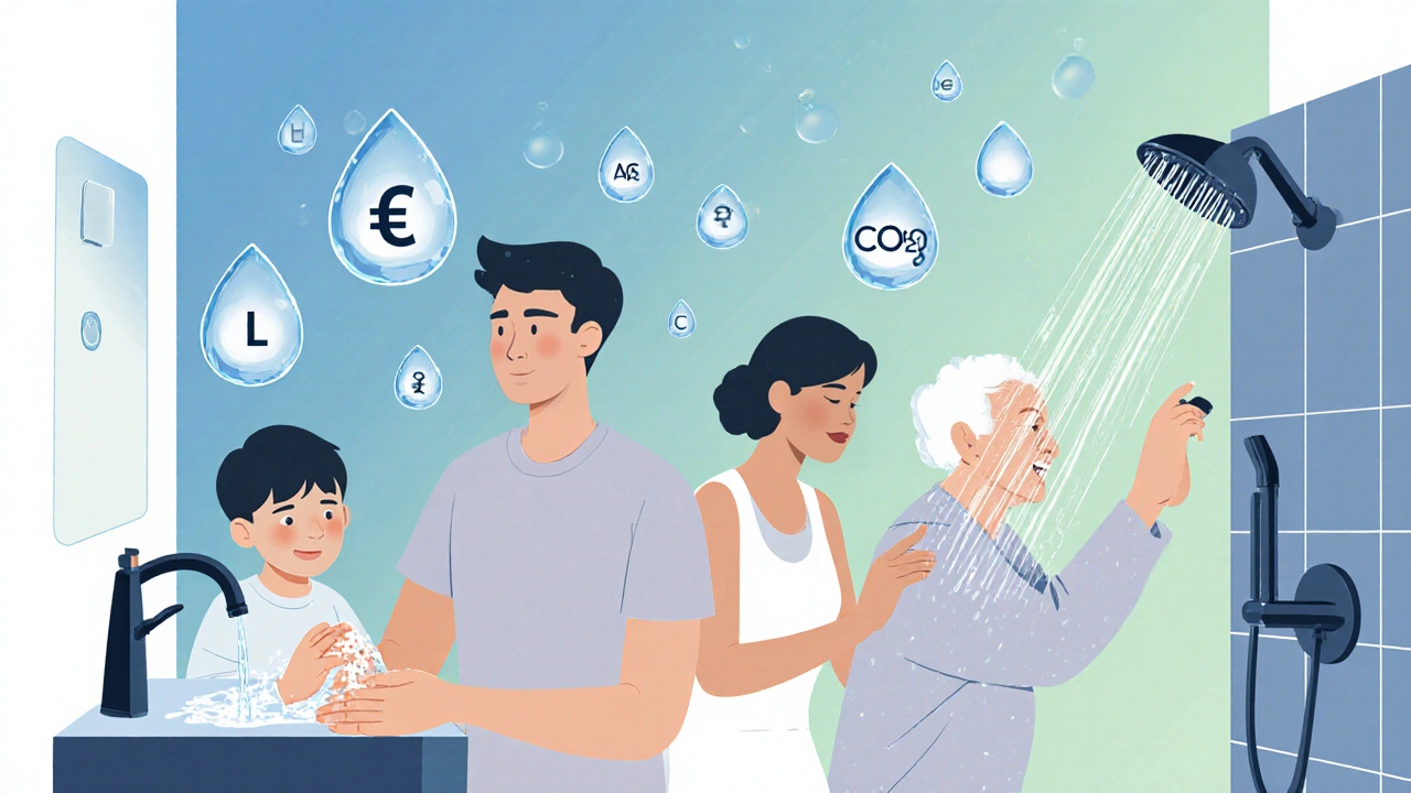 Familie nutzt wassersparende Armaturen: Sensorhahn, EcoButton und Druckausgleichsdüse.