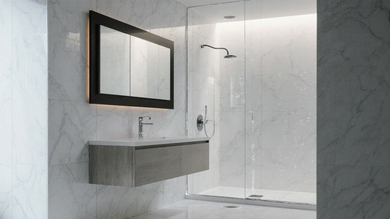 Fertig renoviertes Bad mit schwebendem Waschtisch, glatten Fliesen und tropfender Dusche im Hintergrund.