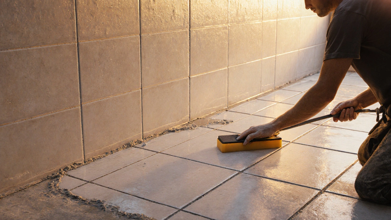 Fliesenleger arbeitet präzise an einer Wand mit großen Fliesen, Untergrund ist eben und feucht.