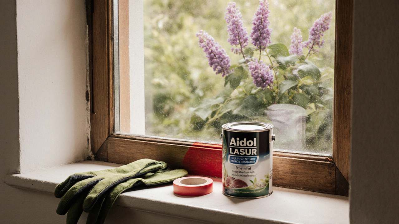 Frisch behandeltes Holzfenster mit rot markierter Schwachstelle am unteren Rahmen und Pflegemitteln auf der Fensterbank