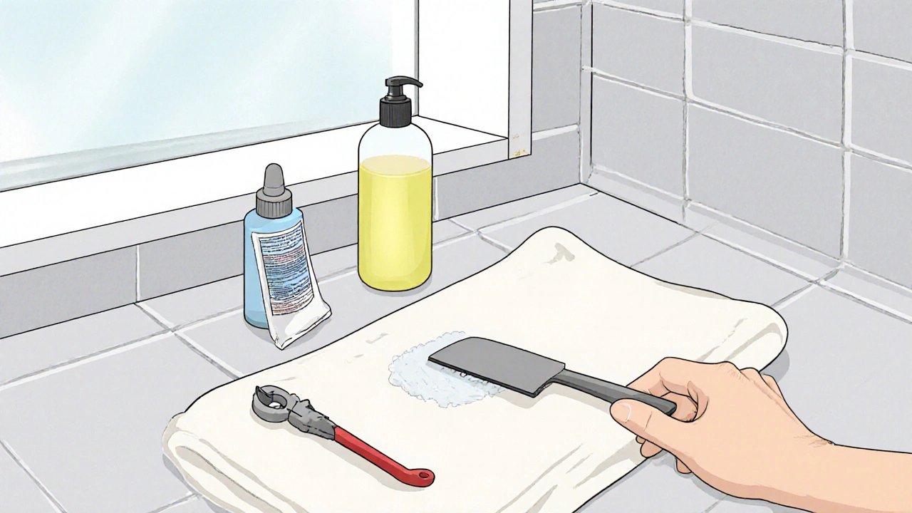 Hand mit Japanspachtel entfernt Reste von altem Silikon aus einer Fuge.