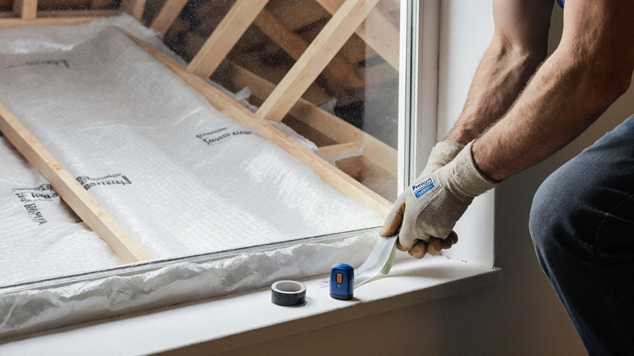Handwerker versiegelt Dampfbremse an Fensteranschluss mit Spezialband, präzise und professionell.