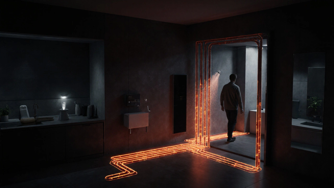 Intelligente Warmwasserzirkulation, die sich an Bewegungen anpasst, mit Wärmekarte entlang isolierter Rohre in einem smarten Zuhause.