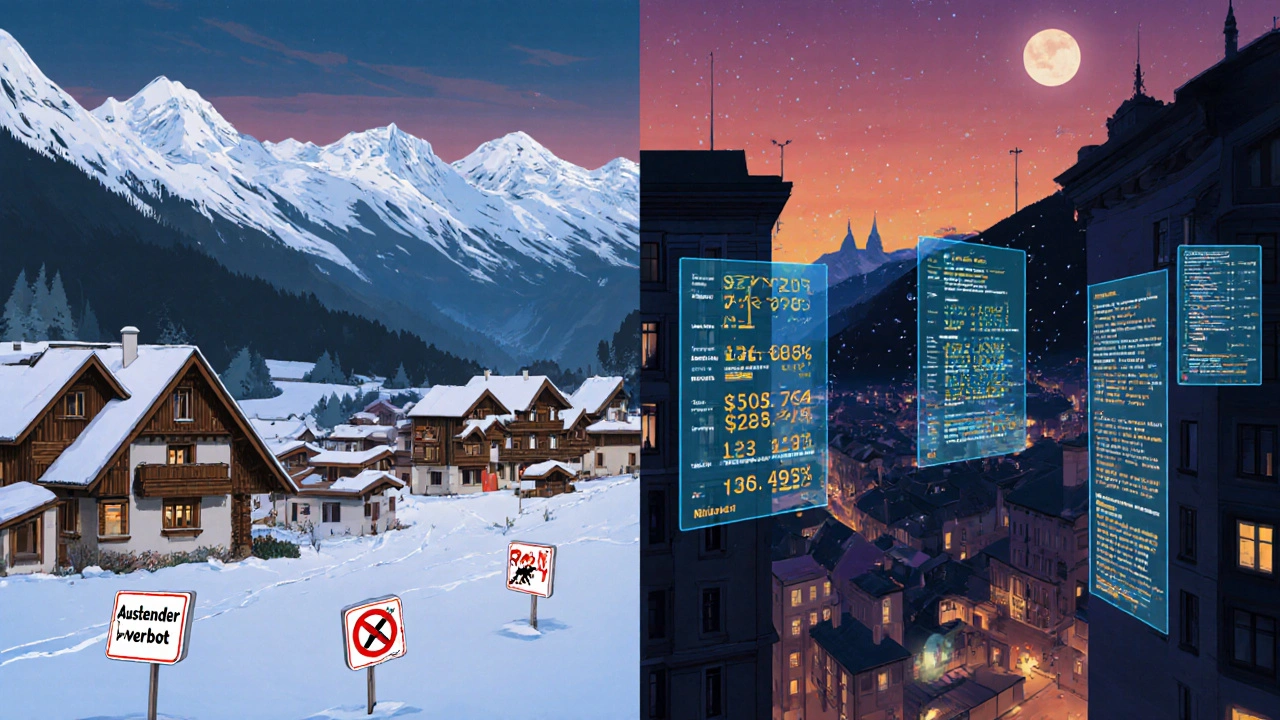 Kontrastierende Landschaften: Schweizer Ferienhäuser mit Verbotsschildern und österreichische Stadt mit transparenten Preisanzeigen.