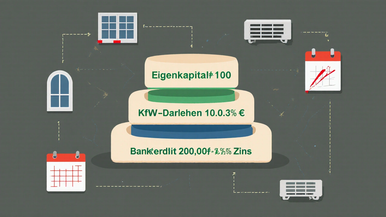 Kuchen-Diagramm der Baufinanzierung: Eigenkapital, KfW-Darlehen und Bankkredit als Schichten, umgeben von Energie-Symbolen und Termin-Icons.